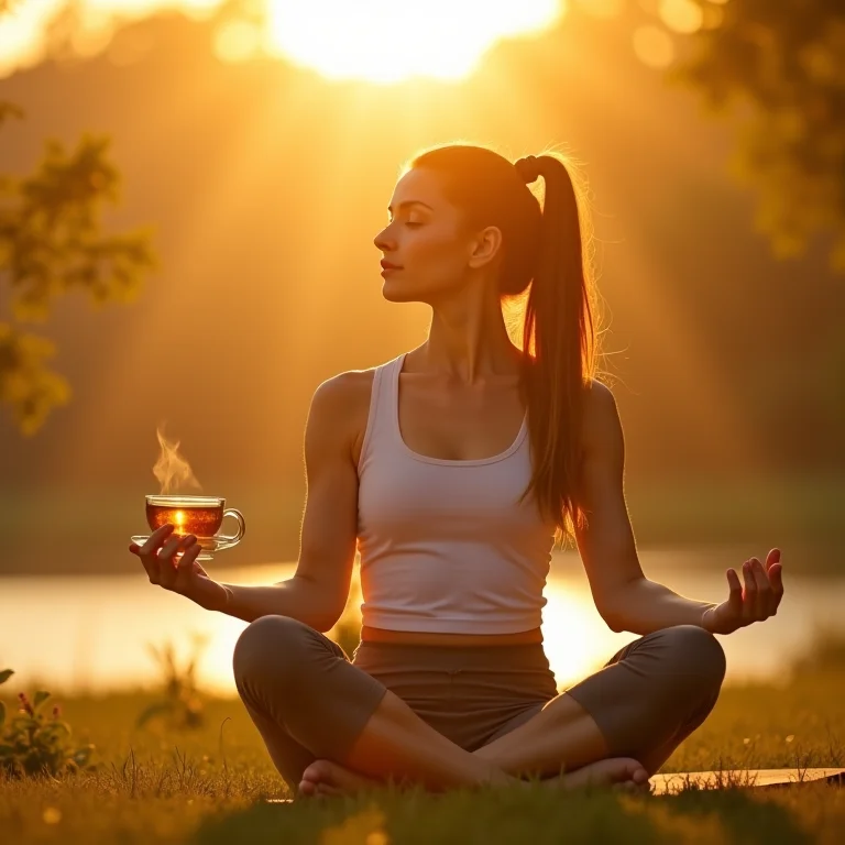 Mulher praticando yoga ao ar livre com chá de jasmim.