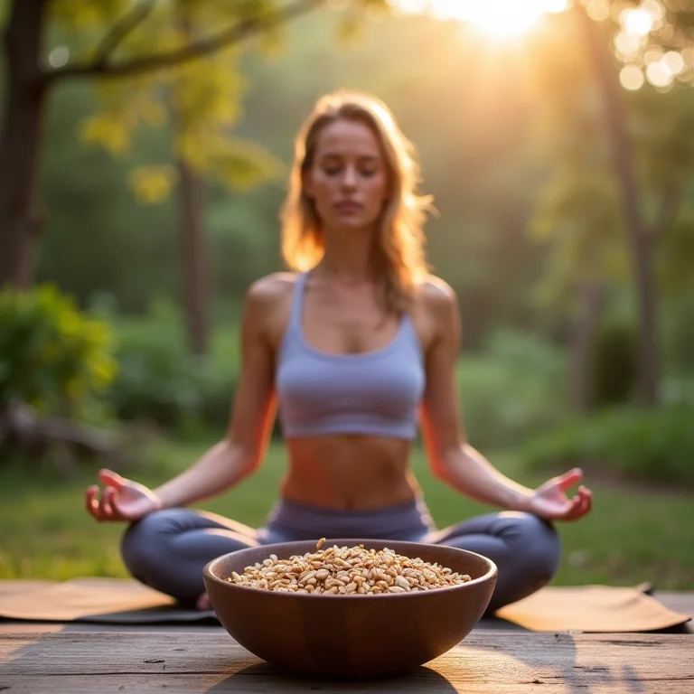 Mulher praticando yoga ao ar livre com grãos integrais.