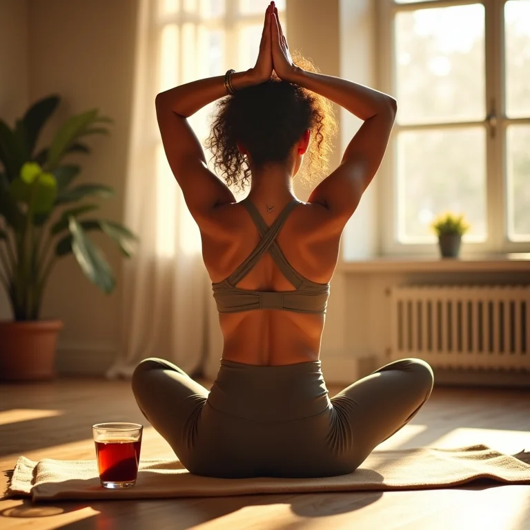 Mulher praticando yoga com chá de ulmeira ao lado