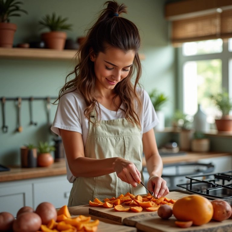 Mulher preparando batatas vermelhas assadas em uma cozinha ensolarada, representando uma fonte de energia saudável.