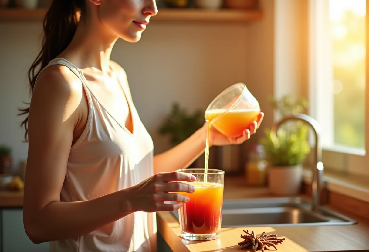 Mulher preparando bebida saudável com alcaçuz em cozinha ensolarada