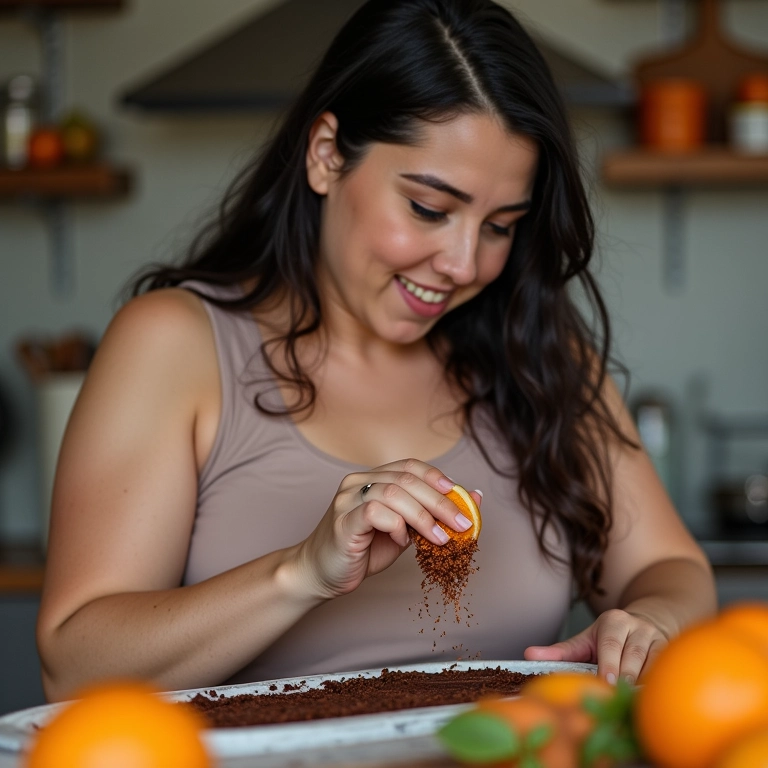 Mulher preparando brownie com laranja, mostrando versatilidade na cozinha.