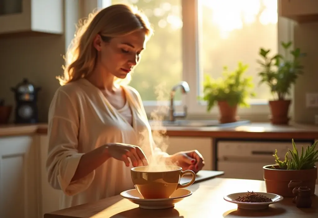Mulher preparando chá de carqueja em cozinha ensolarada
