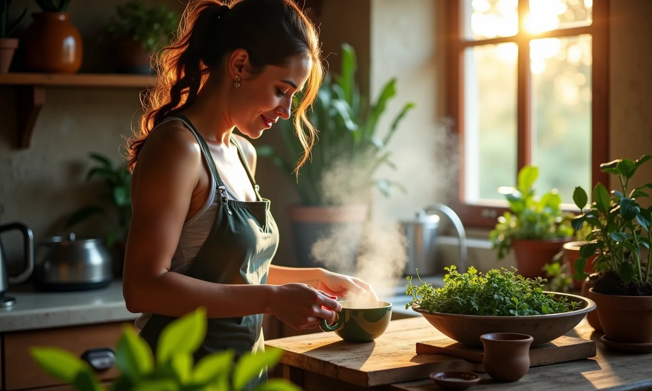 Mulher preparando chá de eucalipto em cozinha rústica.