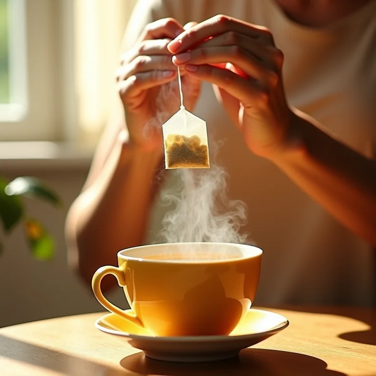 Mulher preparando chá de feno grego, colocando o sachê na água quente.