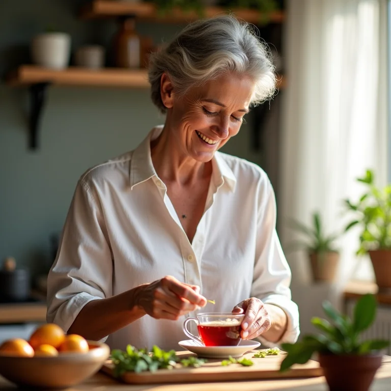 Mulher preparando chá de folha de amora para a menopausa