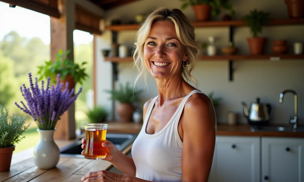 Mulher preparando chá de lavanda em cozinha ensolarada.