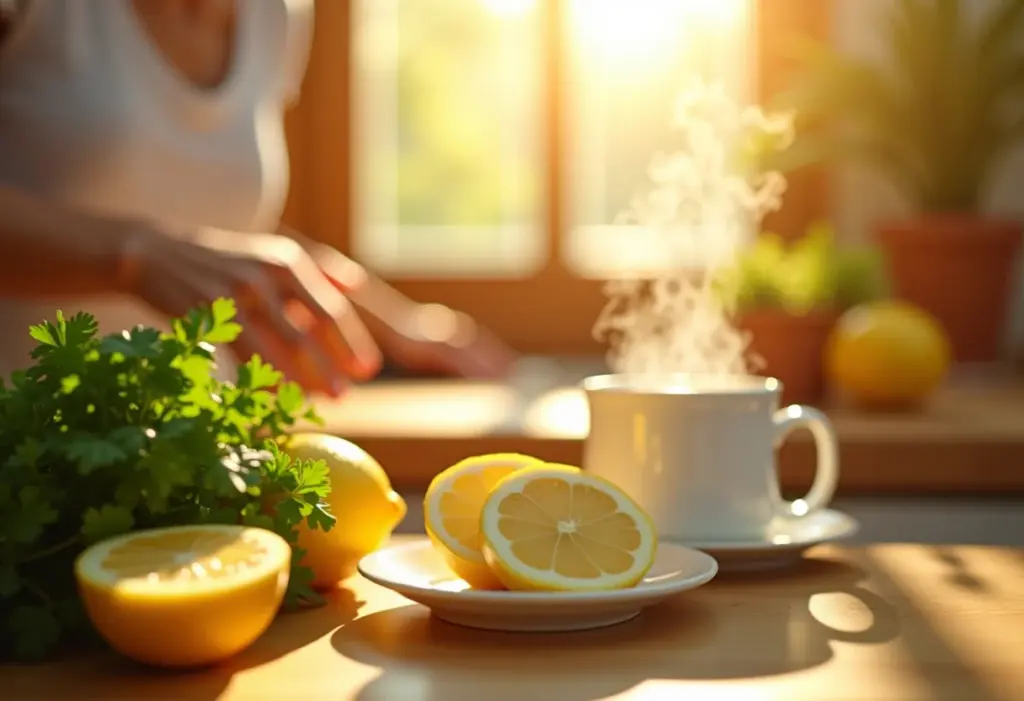 Mulher preparando chá de salsa em uma cozinha iluminada