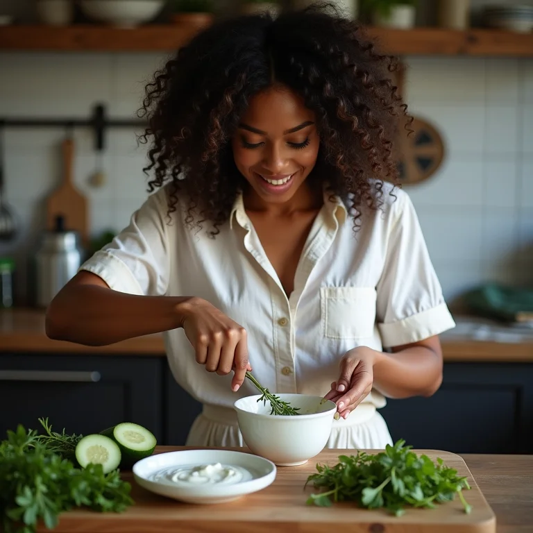 Mulher preparando molho de manjerona com iogurte grego e pepino
