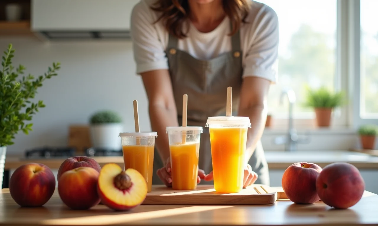 Mulher preparando picolés caseiros de chá de pêssego em cozinha.