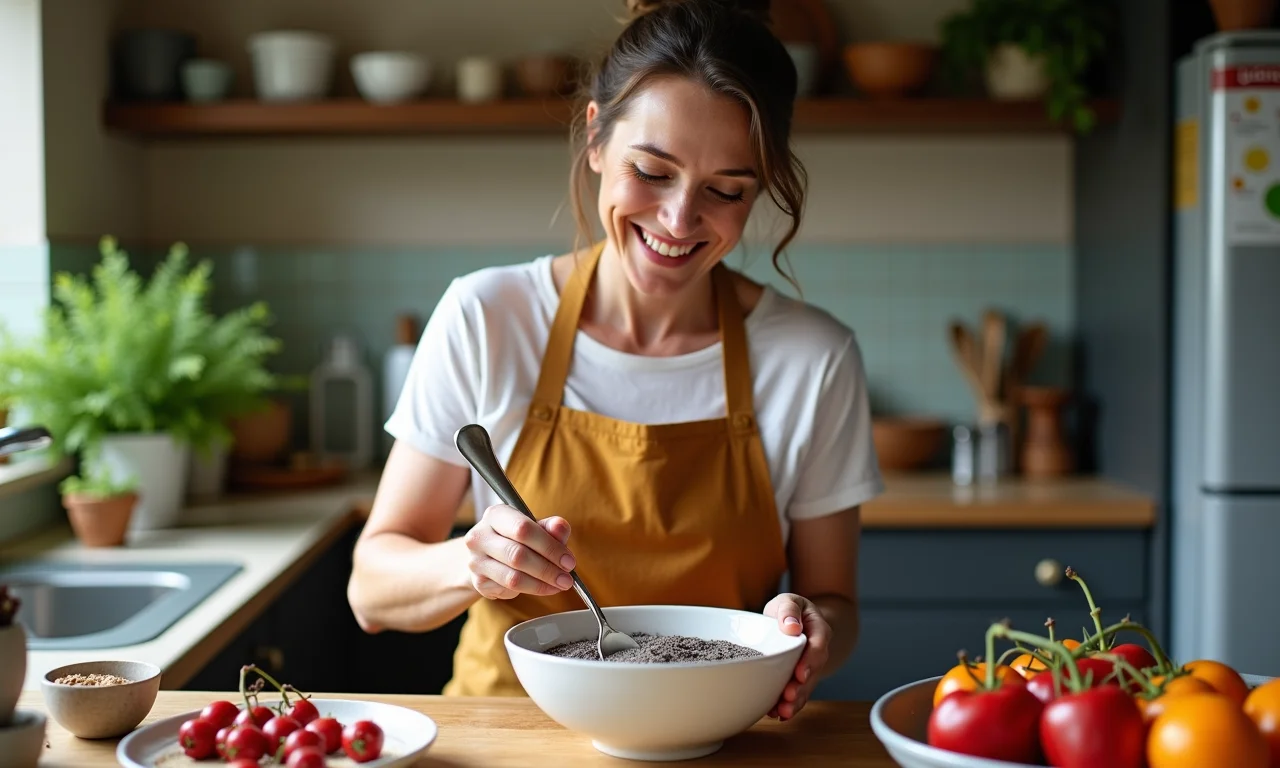 Mulher preparando pudim de chia sorrindo, emagrecimento sem sofrimento.