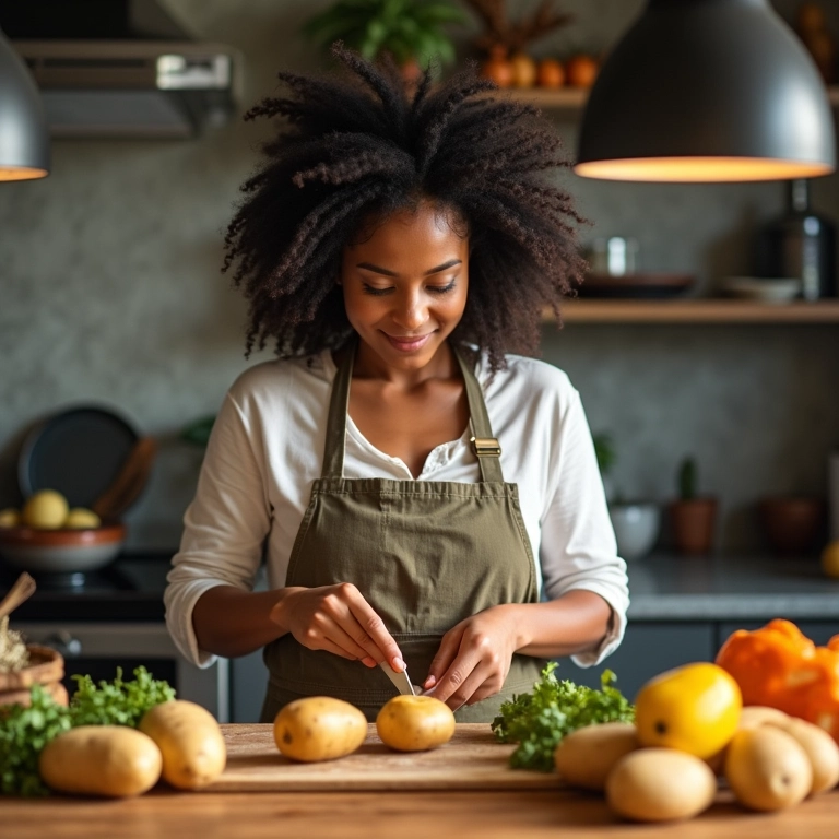 Mulher preparando refeição saudável com batatas e ingredientes para diabéticos em cozinha ensolarada.