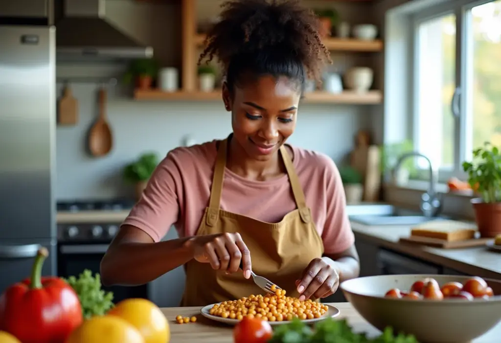 Mulher preparando refeição saudável com grão de bico.