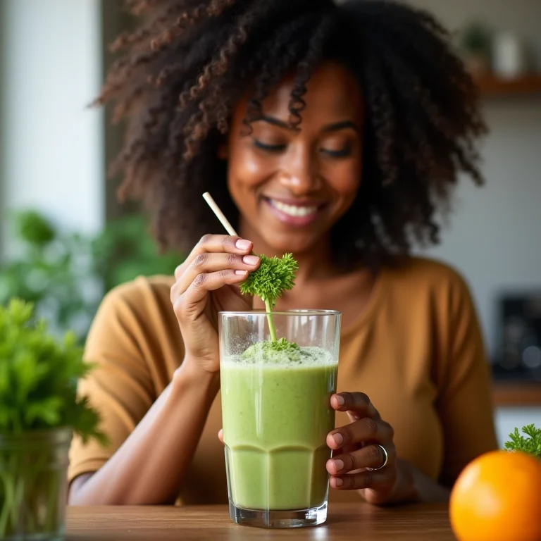 Mulher preparando smoothie com alfafa para aminoácidos e proteínas.