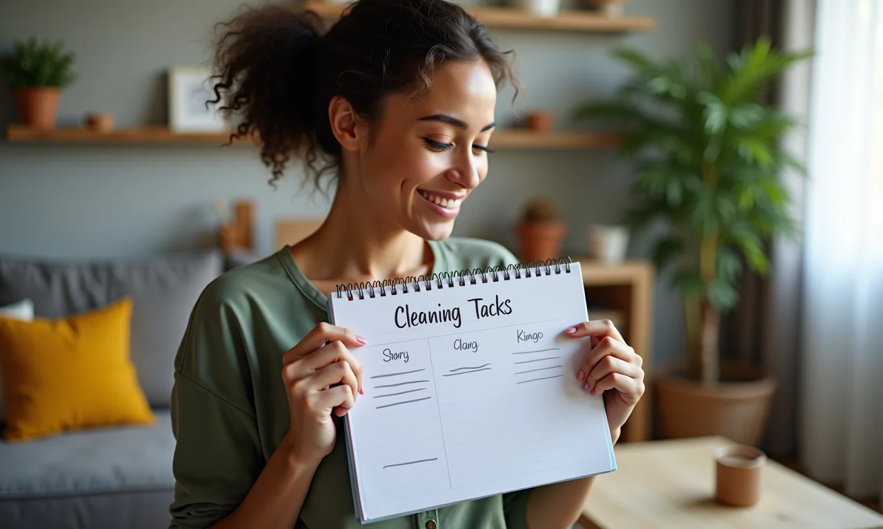 Mulher priorizando tarefas de limpeza em bloco de notas.