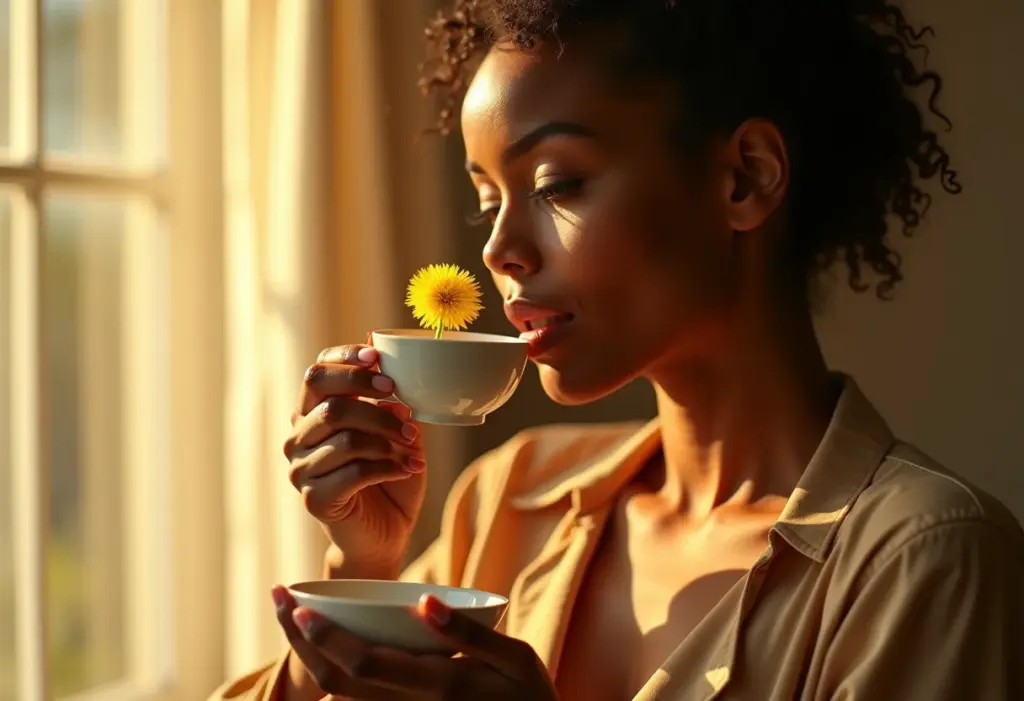 Mulher radiante bebendo chá de dente de leão