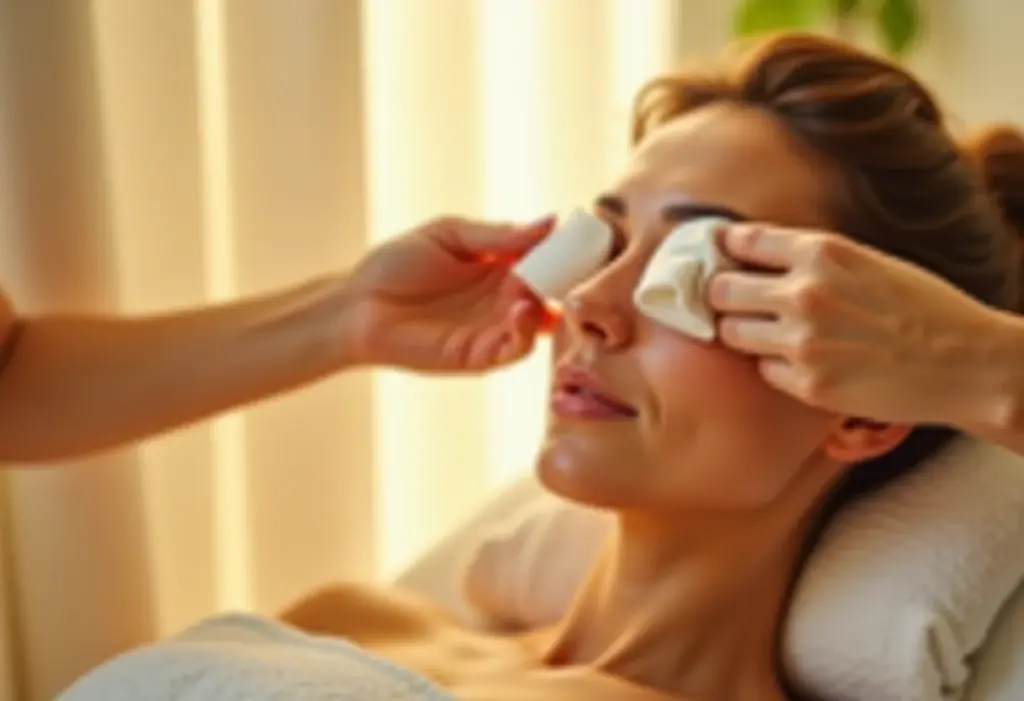 Mulher relaxando com compressa de calêndula nos olhos em ambiente de spa