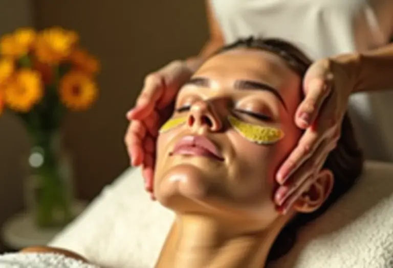 Mulher relaxando com compressa de calêndula nos olhos em um spa.
