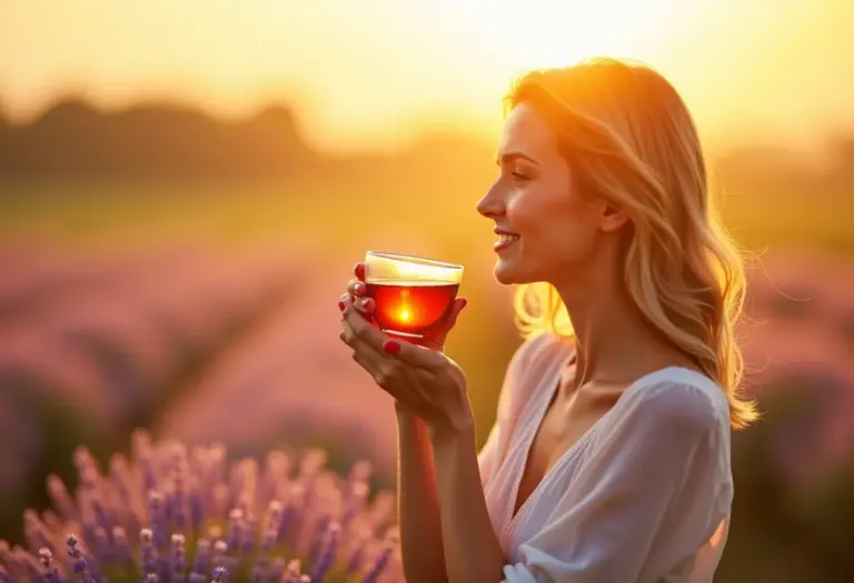 Mulher relaxando em campo de lavanda bebendo chá