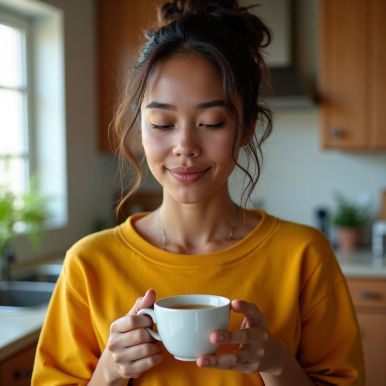 Mulher segurando xícara de chá de gengibre em cozinha iluminada.