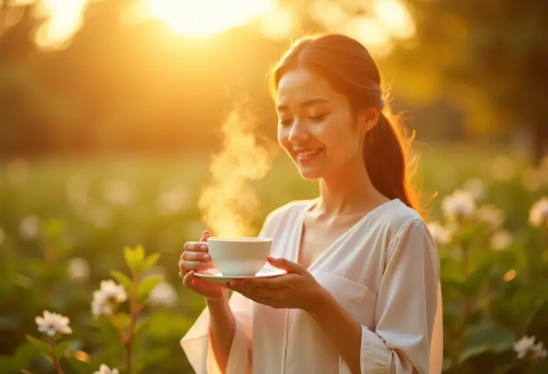 Mulher serena preparando chá de jasmim em um jardim ensolarado.