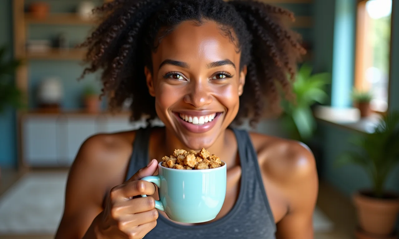 Mulher sorrindo após saborear um bolinho de aveia fit pós-treino.