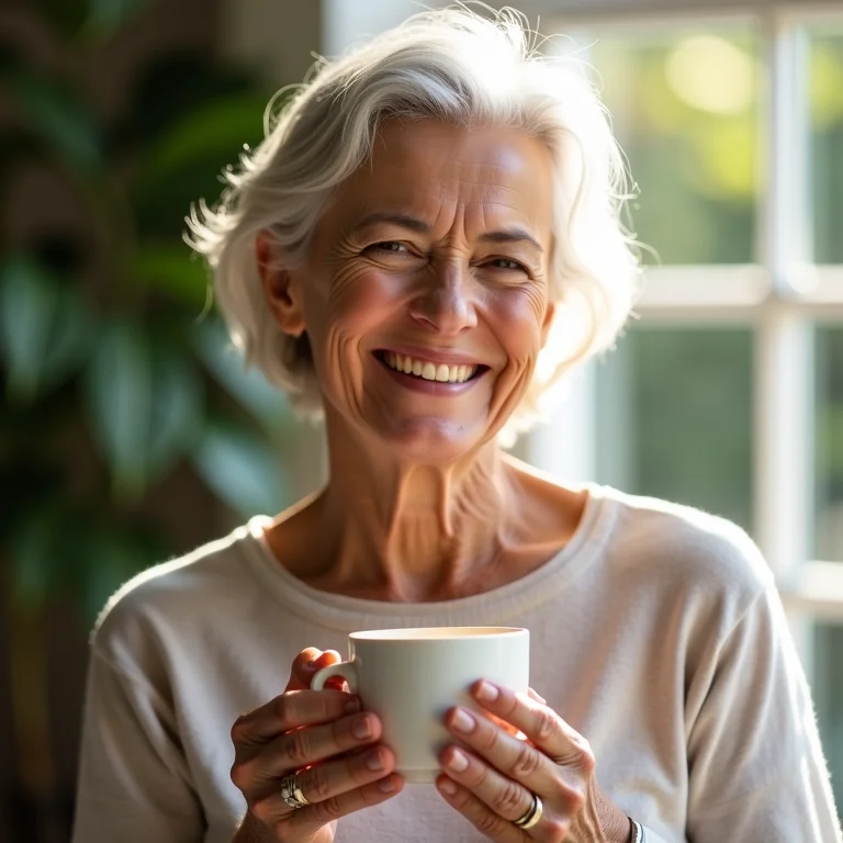 Mulher sorrindo bebendo chá de amora para alívio da menopausa