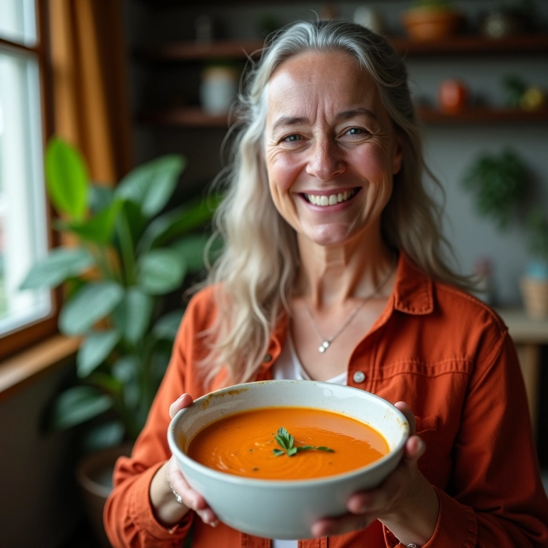 Mulher sorrindo com uma tigela de sopa de batata vermelha, representando o fortalecimento do sistema imunológico.