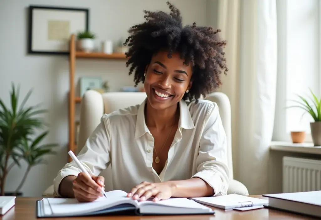 Mulher sorrindo enquanto organiza sua agenda