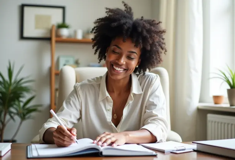 Mulher sorrindo enquanto organiza sua agenda