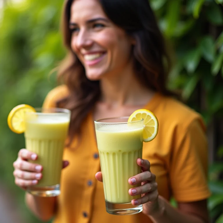 Mulher sorrindo enquanto segura um copo de chá mate batido com limão