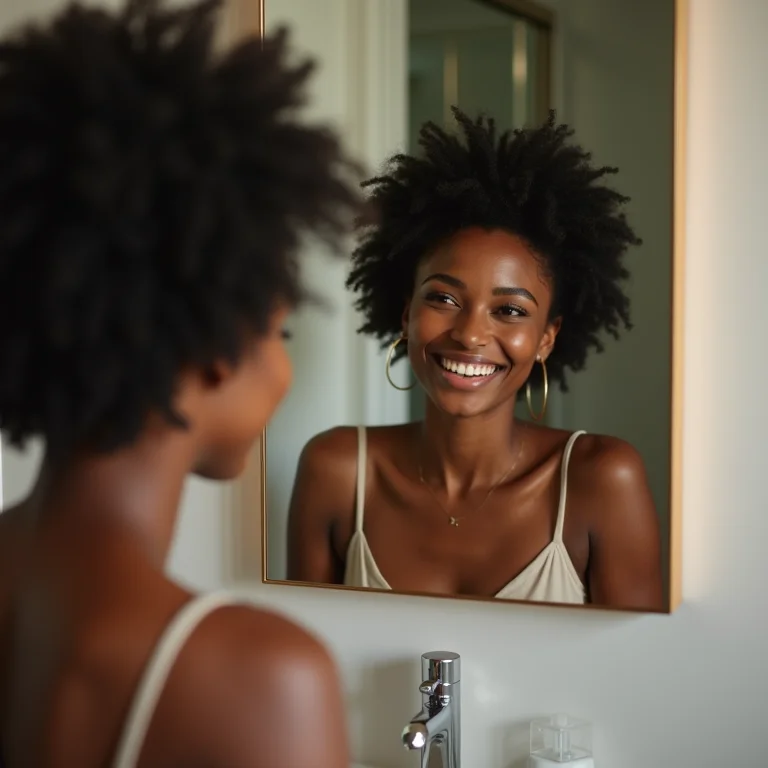 Mulher sorrindo para seu reflexo em um espelho estrategicamente posicionado no banheiro