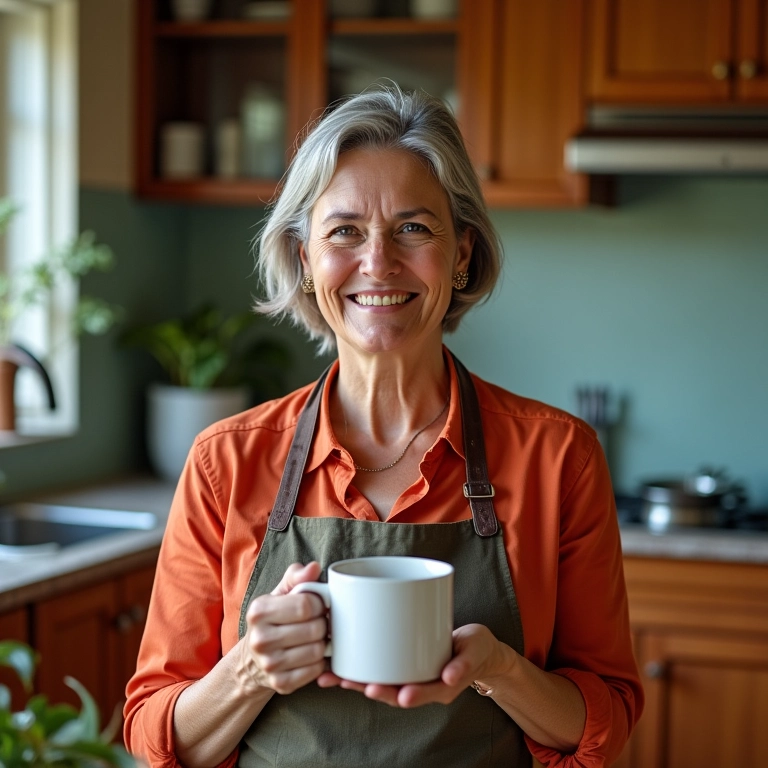 Mulher sorrindo segurando caneca fumegante na cozinha.