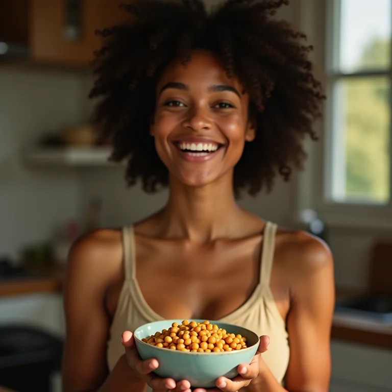Mulher sorrindo segurando tigela de grão de bico.