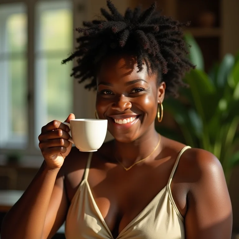 Mulher tomando chá de alfafa para melhorar a digestão.
