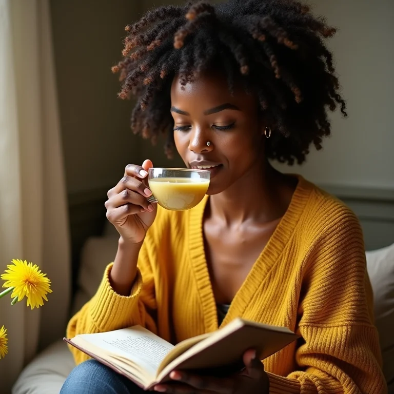 Mulher tomando chá de dente de leão em sua rotina matinal