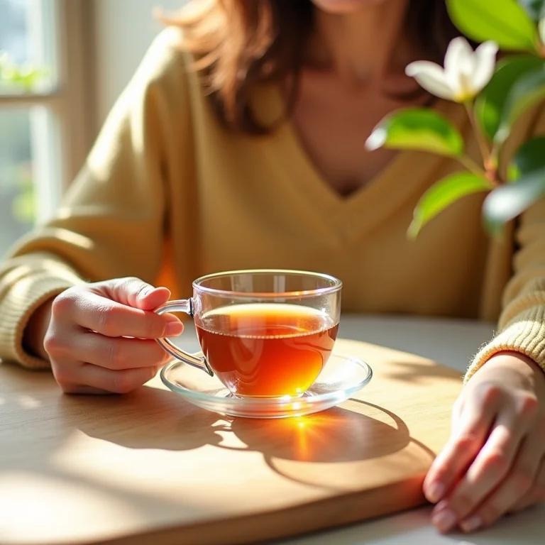 Mulher tomando chá de jasmim todas as manhãs.