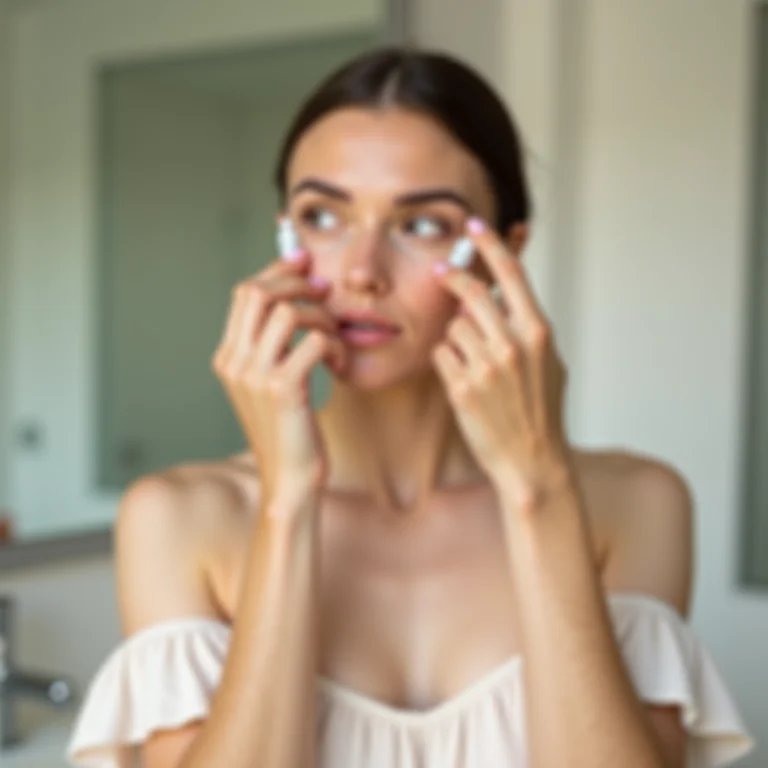 Mulher usando colírio lubrificante em banheiro moderno e bem iluminado