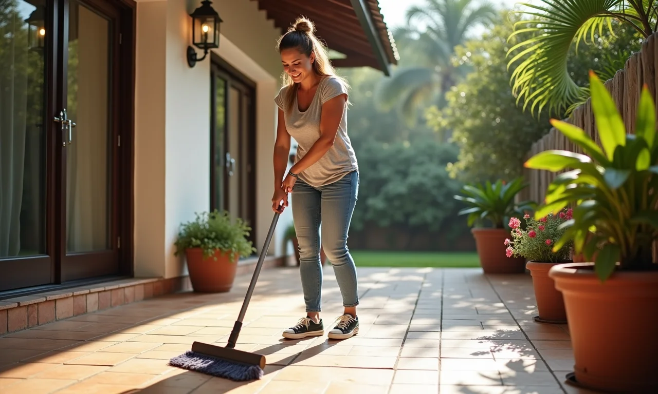Mulher varrendo calçada sem usar mangueira para economizar água.
