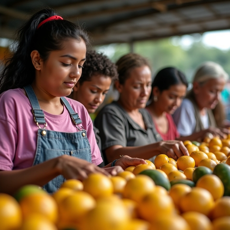 Mulheres brasileiras escolhendo cagaitas frescas em mercado local.