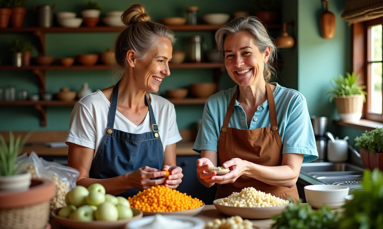 Mulheres dividindo compras de atacado em cozinha vibrante.