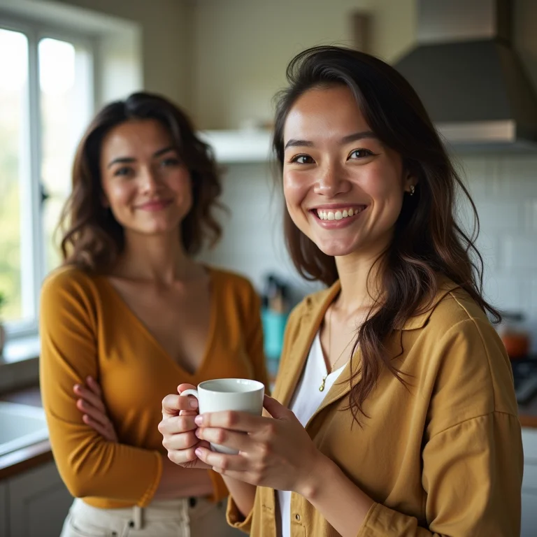 Mulheres em uma cozinha, uma cética e outra sorrindo com uma xícara de chá de cavalinha.