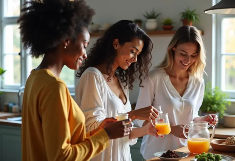 Mulheres preparando infusão de alcaçuz em cozinha ensolarada