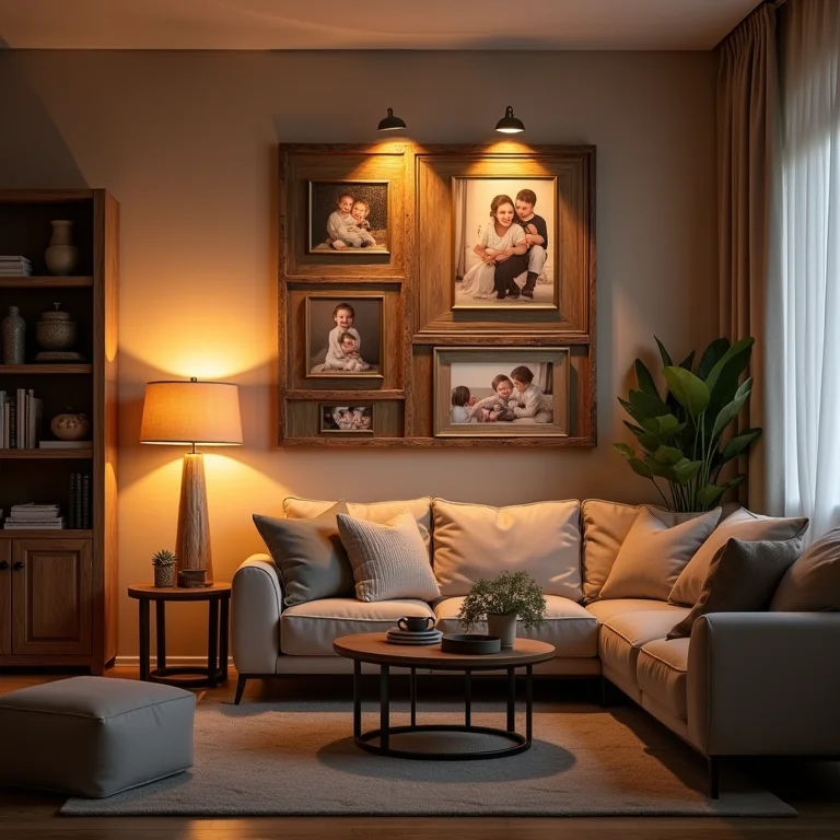 Mural de fotos com pallets exibindo recordações