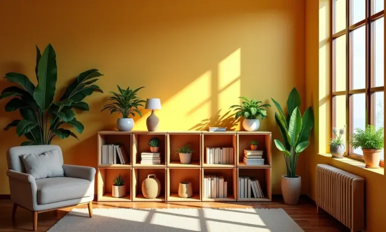 Nichos de caixote DIY na sala de estar, decoração sustentável com plantas e livros.