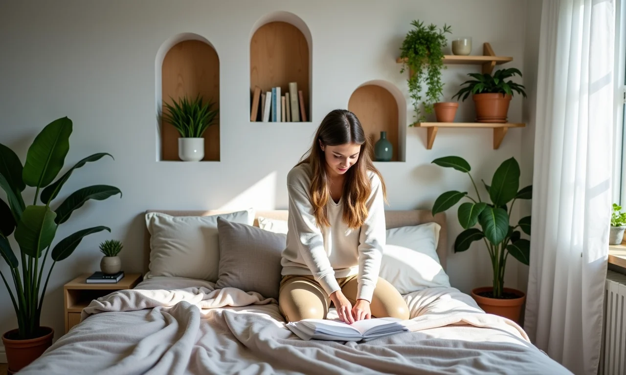 Nichos e prateleiras decorativas em quarto de casal, unindo beleza e organização.