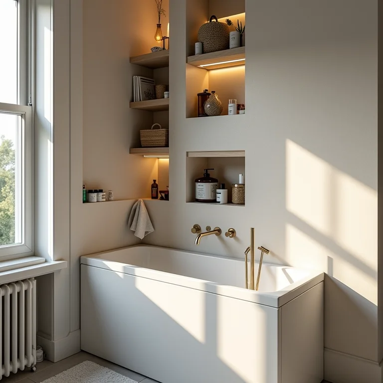 Nichos e prateleiras mal planejados em um banheiro pequeno