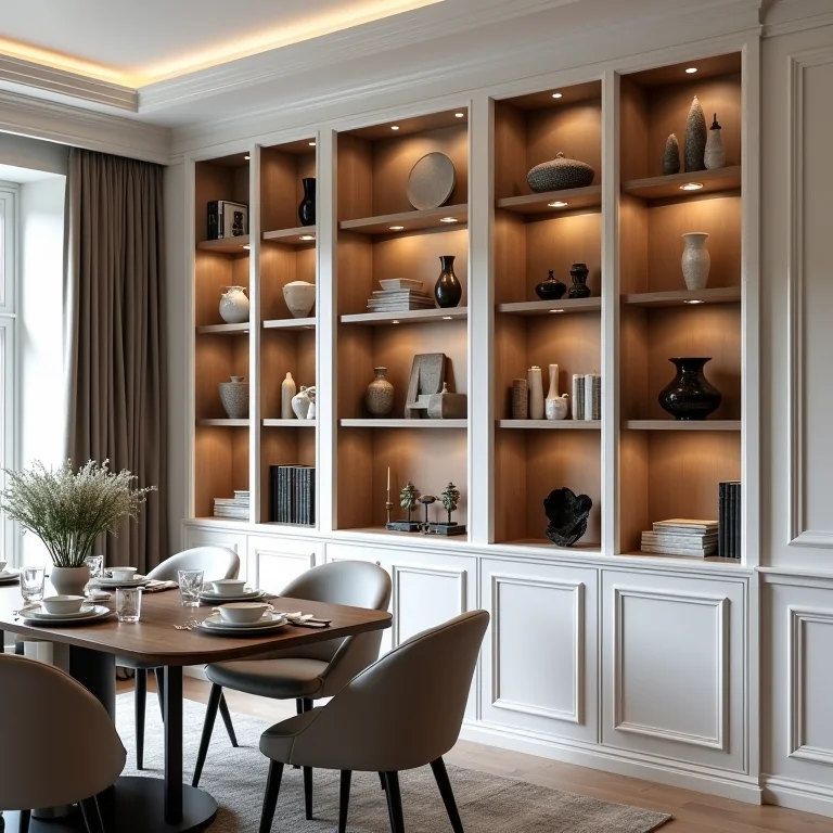 Nichos e prateleiras para organizar a sala de jantar