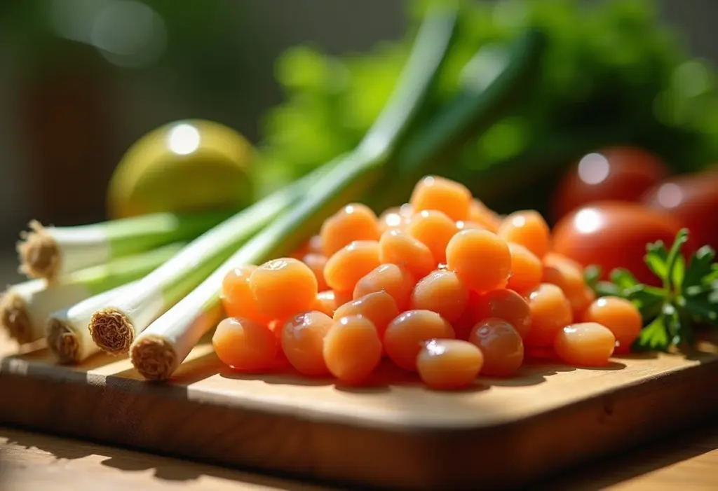 Nirá e cebolinha lado a lado em uma cozinha iluminada