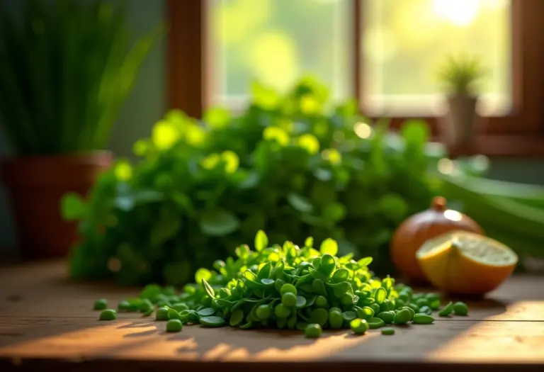 Nirá e cebolinha lado a lado em uma mesa de madeira rústica.